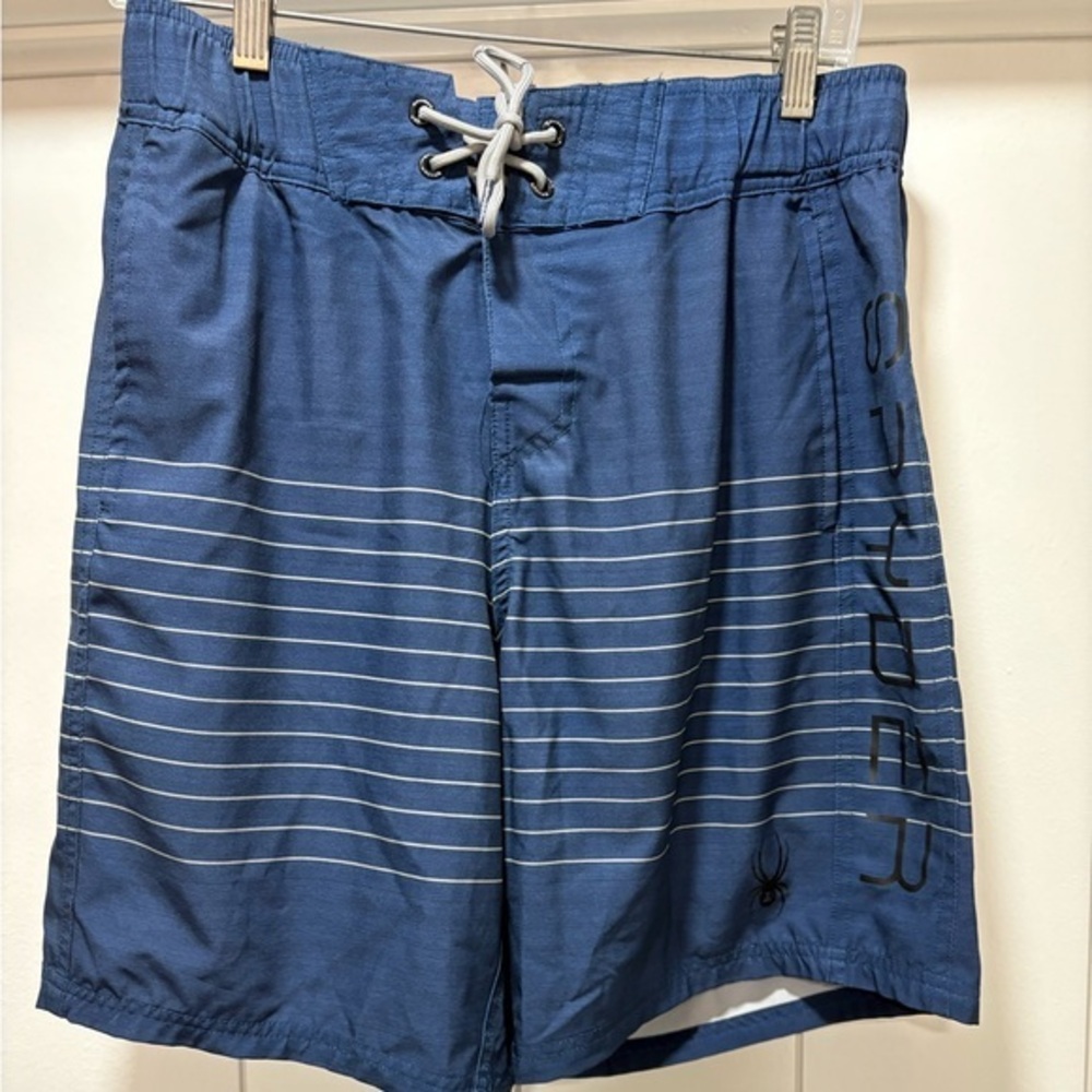 Spyder Swimsuit Men’s M Board Shorts Navy Blue Striped UV Protection Breathable